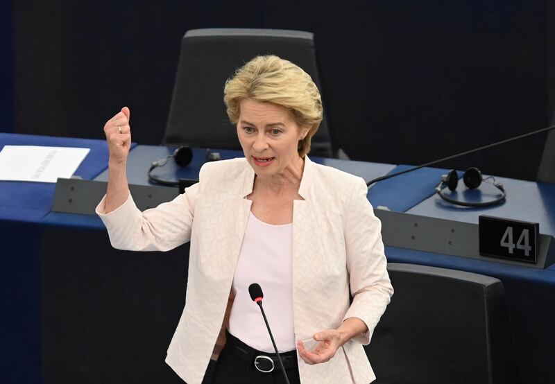 epa07719858 German Defense Minister Ursula von der Leyen and nominated President of the European Commission delivers her statement at the European Parliament in Strasbourg, France, 16 July 2019.  EPA/PATRICK SEEGER