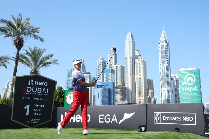 Ian Poulter tees-off on the first hole on his way to a third-round 69 that left the Englishman four shots off the lead. Getty