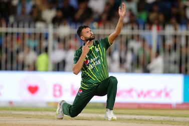 Afghanistan's Rahmanullah Gurbaz is bowled by Pakistan's Ihsanullah. Afghanistan take on Pakistan in a 3 match T20 series. Sharjah Cricket Stadium, Sharjah. Chris Whiteoak / The National