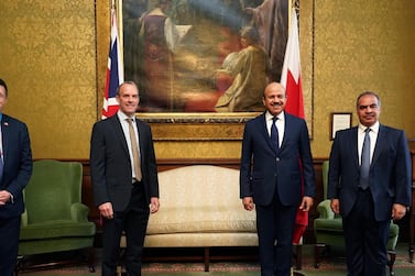 The Minister of Foreign Affairs, Dr. Abdullatif bin Rashid Al-Zayani, met today with the United Kingdom Secretary of State for Foreign, Commonwealth and Development Affairs, Dominic Raab, at the Foreign & Commonwealth Office headquarters in London, within the framework of his visit to the United Kingdom. Courtesy Bahrain News Agency