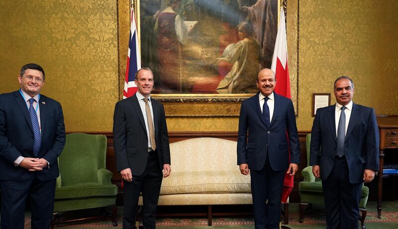 The Minister of Foreign Affairs, Dr. Abdullatif bin Rashid Al-Zayani, met today with the United Kingdom Secretary of State for Foreign, Commonwealth and Development Affairs, Dominic Raab, at the Foreign & Commonwealth Office headquarters in London, within the framework of his visit to the United Kingdom. Courtesy Bahrain News Agency