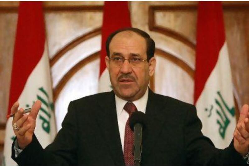 Nouri Al Maliki at a press conference in Baghdad in May, when he called for a dialogue with rival blocs. Now a row over his failed attempt to dissolve the Independent High Electoral Commission has left him weakened amid growing questions over the concentration of power in his hands. Ahmad Al Rubaye / AFP
