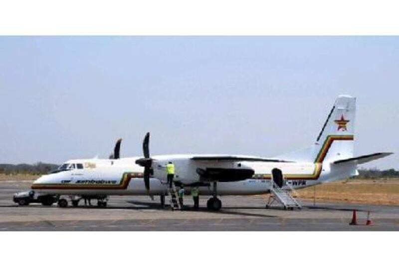 An Air Zimbabwe plane at Victoria Falls Airport, Zimbabwe.