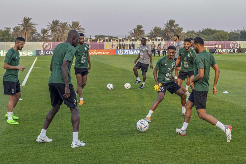Saudi Arabia players take part in a training session at the Sealine Beach Resort in Doha. AFP