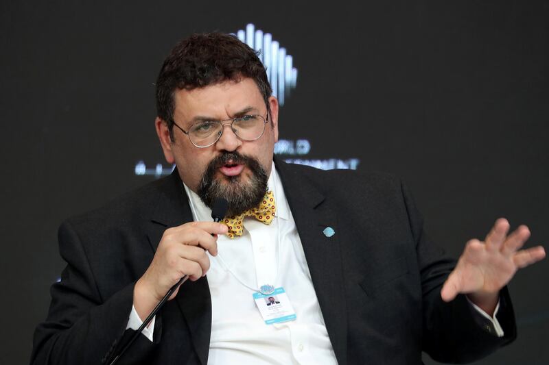 DUBAI , UNITED ARAB EMIRATES , FEB 13  – 2018 :-  Nick Spanos , Founder of Bitcoin Center , New York City during the session on ‘ Is the Future of Cryptocurrencies Gold or Dust ‘ on the third day of World Government Summit 2018 held at Madinat Jumeirah in Dubai. ( Pawan Singh / The National ) For News. Story by Nick Webster