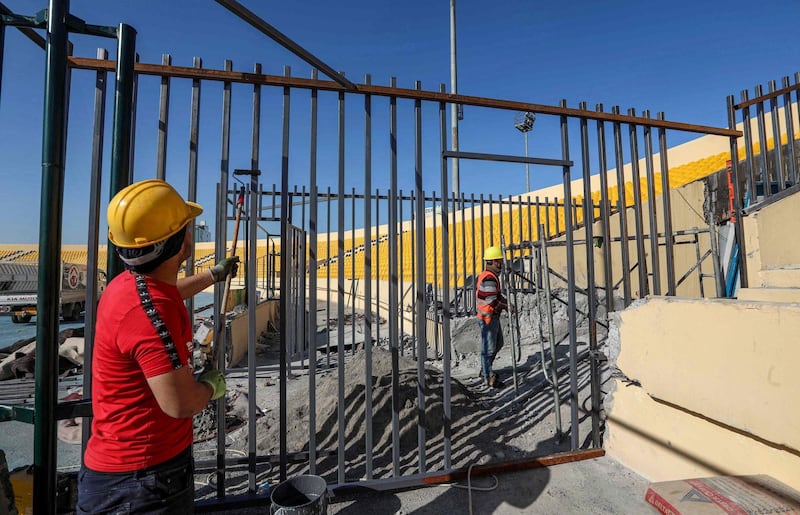 Workers at Franso Hariri Stadium in Erbil, the capital of Iraq's northern autonomous Kurdish region. The Pope will hold a Mass at the stadium in March. AFP