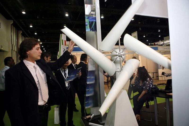 A wind turbine by Nheolis at the World Future Energy Summit at the Abu Dhabi Convention Center.