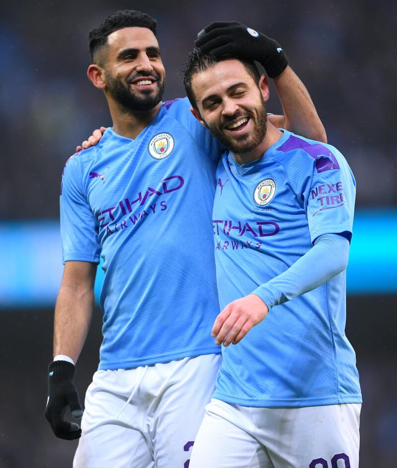 Bernardo Silva, right, celebrates with Riyad Mahrez after scoring. Getty