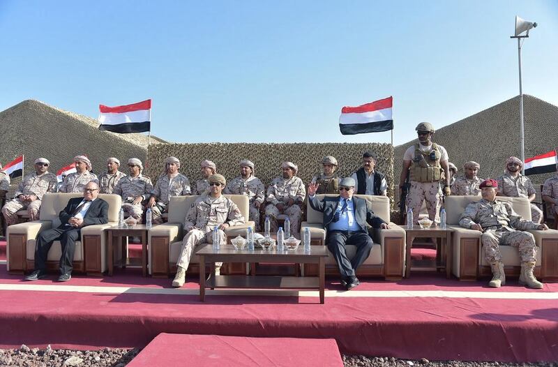 Yemeni President Abdrabu Mansur Hadi attends the graduation of the second batch UAE-trained Yemeni resistance.