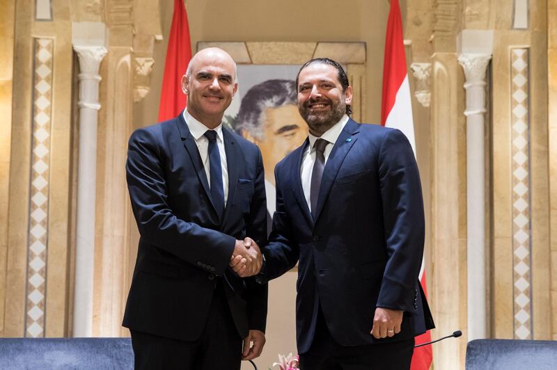 Lebanese Prime Minister Saad Hariri, left, meets Swiss Federal President Alain Berset in Beirut, Lebanon.  EPA