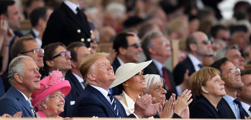 (L-R) Britain's Prince Charles the Prince of Wales, Britain's Queen Elizabeth II, US President Donald J. Trump, First Lady Melania Trump, Greece President Prokopis Pavlopoulos, German Chancellor Angela Merkel and Netherlands Prime Minister Mark Rutte watch a flypast during the commemorations for the 75th Anniversary of the D-Day landings in Southsea Common, Portsmouth.  EPA