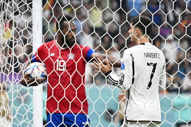 Kendall Waston of Costa Rica clashes with Kai Havertz after Germany's second goal. Getty