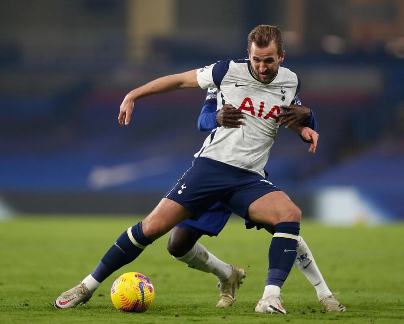 Tottenham striker Harry Kane under pressure from Chelsea's N'Golo Kante. EPA