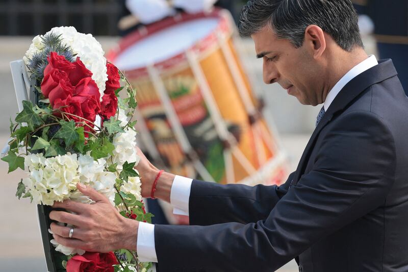 Rishi Sunak places a wreath at the Tomb of the Unknown Soldier at Arlington National Cemetery in Arlington. AFP