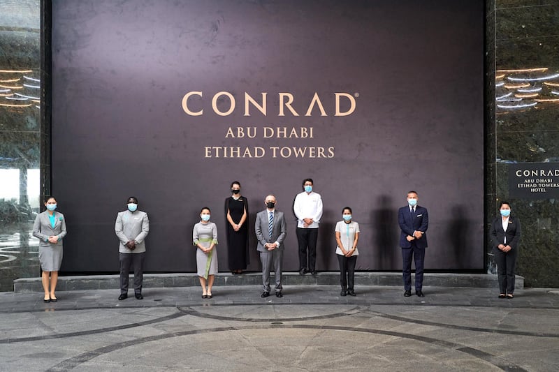 The team at Conrad Abu Dhabi, where Hilton's Cleanstay programme has been rolled out to help protect travellers against the coronavirus.