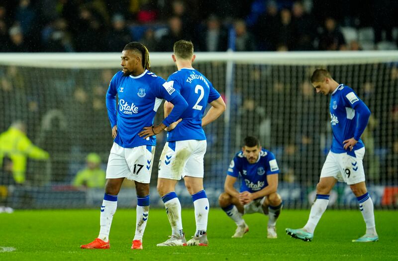 Everton players react at the end of the 2-1 defeat against Southampton at Goodison Park on January 14, 2023. AP