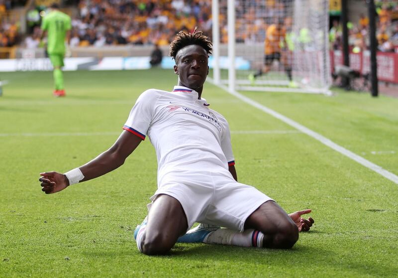 FILE PHOTO: Soccer Football - Premier League - Wolverhampton Wanderers v Chelsea - Molineux Stadium, Wolverhampton, Britain - September 14, 2019  Chelsea's Tammy Abraham celebrates scoring their fourth goal  Action Images via Reuters/Carl Recine  EDITORIAL USE ONLY. No use with unauthorized audio, video, data, fixture lists, club/league logos or "live" services. Online in-match use limited to 75 images, no video emulation. No use in betting, games or single club/league/player publications.  Please contact your account representative for further details./File Photo