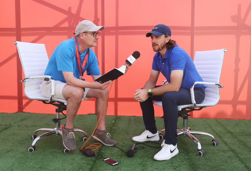 Tommy Fleetwood of England is interviewed by Iain Carter, BBC golf correspondent. Getty Images