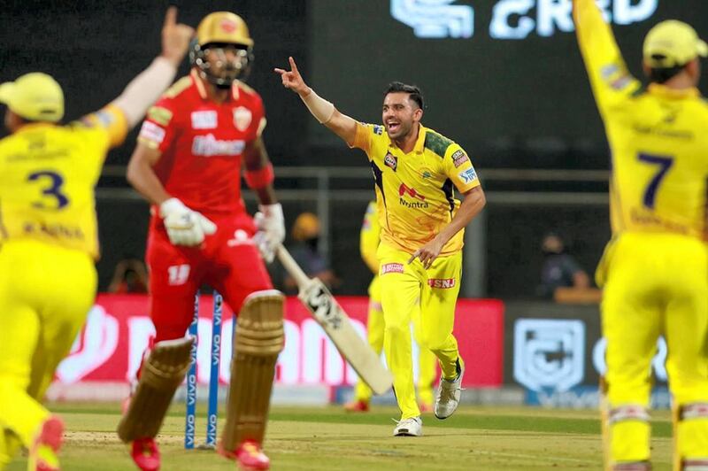 Deepak Chahar of Chennai Super Kings celebrates after the run of`KL Rahul captain of Punjab Kings during match 8 of the Vivo Indian Premier League 2021 between the Punjab Kings and the Chennai Super Kings held at the Wankhede Stadium Mumbai on the 16th April 2021. Photo by Rahul Gulati/ Sportzpics for IPL