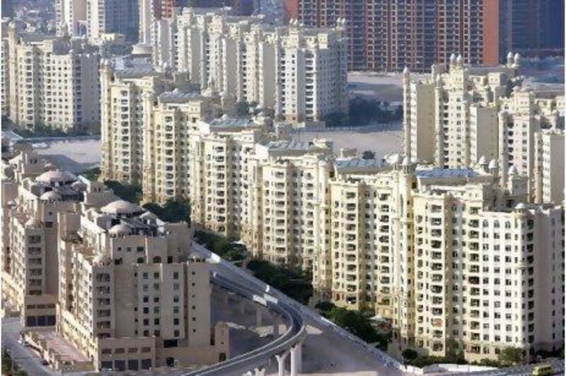 The shoreline apartments (right) and the Golden Mile (left) at the Palm Jumeirah.