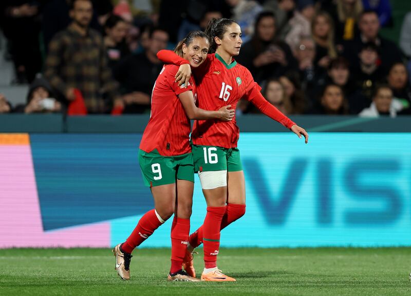 Anissa Lahmari, right, of Morocco celebrates with teammate Ibtissam Jraidi after scoring against Colombia. Getty