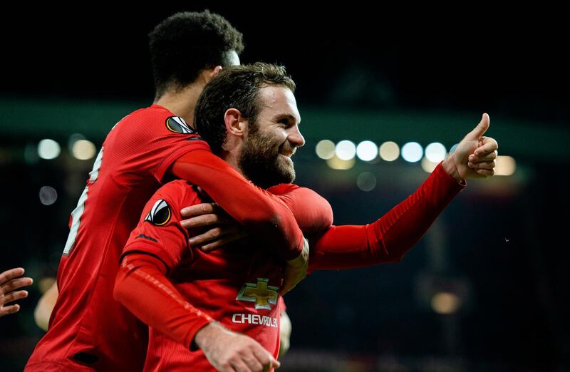 Manchester United's Juan Mata celebrates scoring against AZ Alkmaar in the Europa League at Old Trafford. EPA