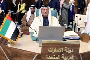 Dr Anwar Gargash, the UAE Minister of State for Foreign Affairs, aT a meeting in the renovated main hall of the bloc's headquarters in Cairo on March 4, 2020. EPA