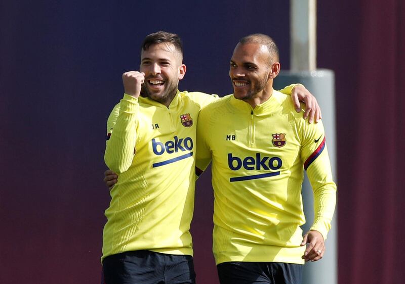 Barcelona's Martin Braithwaite and Jordi Alba during training