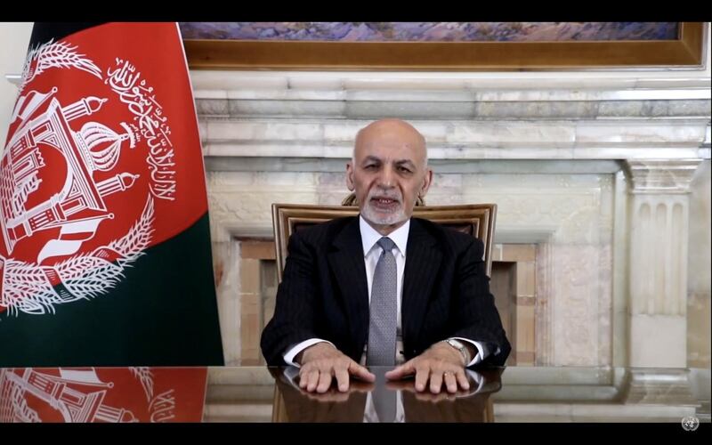 In this UNTV image, Mohammad Ashraf Ghani, President of Afghanistan, speaks in a pre-recorded video message during the 75th session of the United Nations General Assembly, Wednesday, Sept. 23, 2020, at UN headquarters. The U.N.'s first virtual meeting of world leaders started Tuesday with pre-recorded speeches from heads-of-state, kept at home by the coronavirus pandemic. (UNTV via AP)