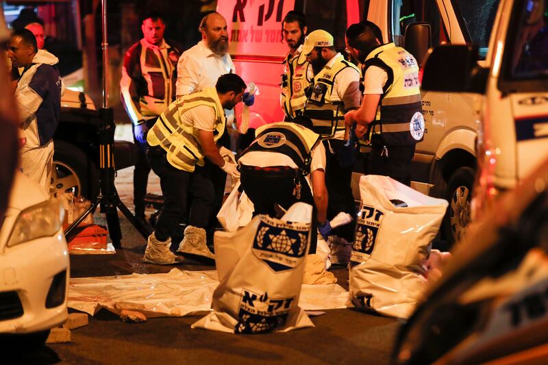 Medics at the scene of a stabbing carried out by a Palestinian in the ultra-Orthodox city of Elad, near Tel Aviv, Israel. EPA
