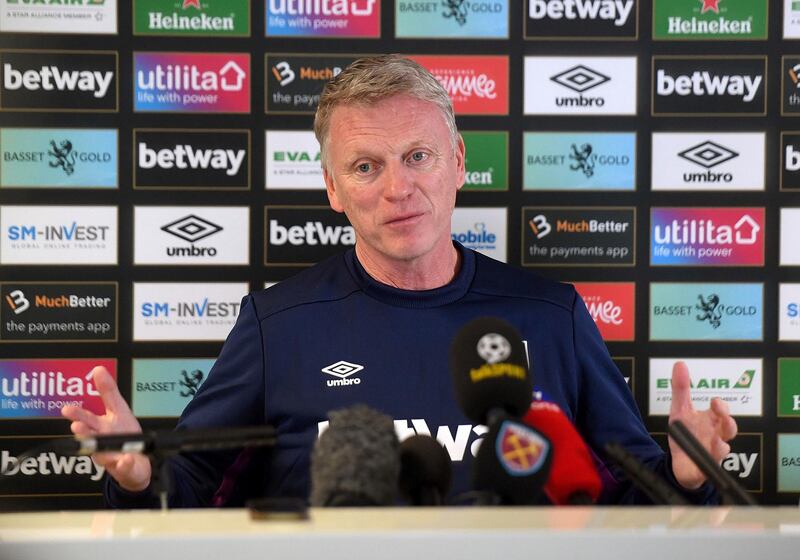 Newly appointed West Ham United manager David Moyes gestures during a press conference at Rush Green Training Ground, in London, Monday, Dec. 30, 2019. Discarded for not being the â€œhigh-caliberâ€ manager desired by West Ham, David Moyes was brought back by the east London club on Sunday for a second spell in charge. (Kirsty O'Connor/PA via AP)