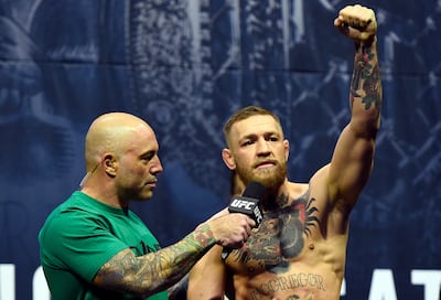 Joe Rogan interviews Conor McGregor during the UFC 205 weigh-in at Madison Square Garden on November 11, 2016, in New York. Getty Images