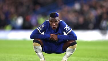 LONDON, ENGLAND - APRIL 15: Nicolas Jackson of Chelsea reacts ahead of a penalty kick during the Premier League match between Chelsea FC and Everton FC at Stamford Bridge on April 15, 2024 in London, England. (Photo by Alex Pantling / Getty Images) (Photo by Alex Pantling / Getty Images)
