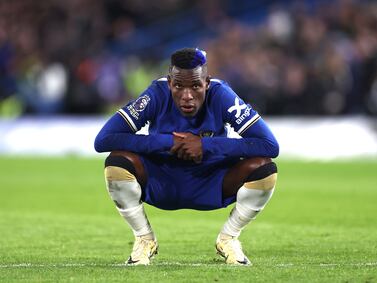 LONDON, ENGLAND - APRIL 15: Nicolas Jackson of Chelsea reacts ahead of a penalty kick during the Premier League match between Chelsea FC and Everton FC at Stamford Bridge on April 15, 2024 in London, England. (Photo by Alex Pantling / Getty Images) (Photo by Alex Pantling / Getty Images)