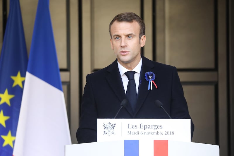 French president Emmanuel Macron delivers a speech during a ceremony for French writer and former soldier Maurice Genevoix (1890-1980), secretary of the Academie Francaise, in Les Eparges, eastern France, on November 6, 2018, as part of celebrations marking the centenary of the First World War. The French President on November 4, 2018 kicked off a week of commemorations for the 100th anniversary of the end of World War One, which is set to mix remembrance of the past and warnings about the present surge in nationalism around the globe. / AFP / LUDOVIC MARIN
