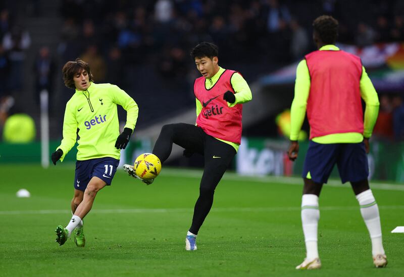Soccer Football - FA Cup Third Round - Tottenham Hotspur v Portsmouth - Tottenham Hotspur Stadium, London, Britain - January 7, 2023 Tottenham Hotspur's Bryan Gil and Son Heung-min during the warm up before the match Action Images via Reuters / Matthew Childs