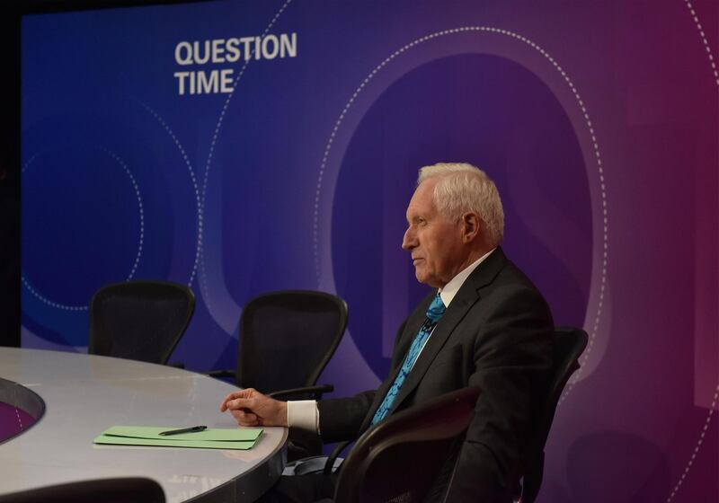 LONDON, ENGLAND - DECEMBER 13: (NO SALE/NO ARCHIVE) In this handout image provided by the BBC, presenter David Dimbleby appears on the set for BBC One's Question Time ahead of his final show tonight in Southwark, on December 13, 2018 in London, England. (Photo by Jeff Overs/BBC via Getty Images)