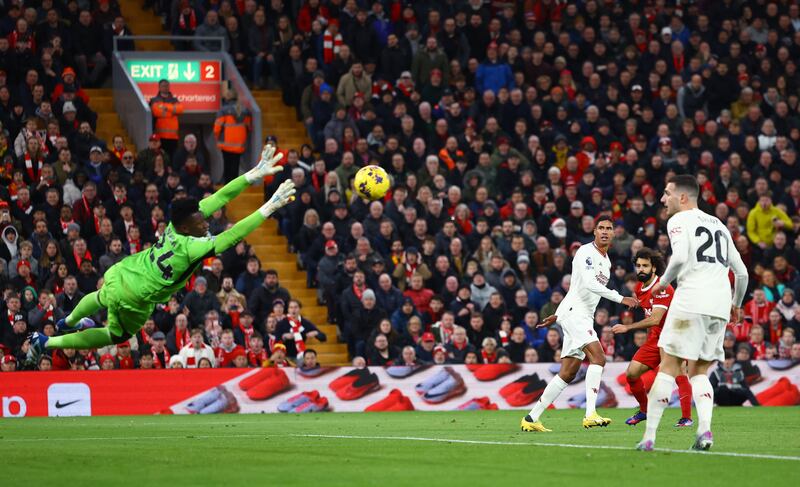 Manchester United's Andre Onana saves a shot from Liverpool's Mohamed Salah. Reuters