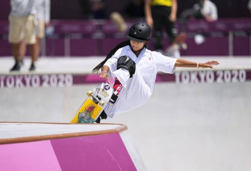 Kokona Hiraki, 12, of Japan competes in the women's park skateboarding final.