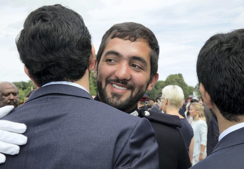 SANDHURST,UNITED KINGDOM. 11/8/17. Officer Cadet Ahmed Al Mazrooei from the UAE  is congratulated by friends after the Sovereign's Parade at the Royal Military Academy Sandhurst, United Kingdom, where he received the International Award as the Best International Cadet. Stephen Lock for the National   FOR NATIONAL 