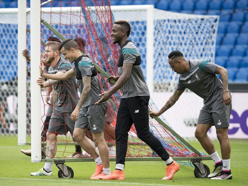 Liverpool players during a training session at the St Jakob Park in Basel, Switzerland, 17 May 2016. Liverpool will face Spain’s Sevilla in the Europa League final on Wednesday, May 18, 2016 in Basel, Switzerland. Georgios Kefalas / EPA