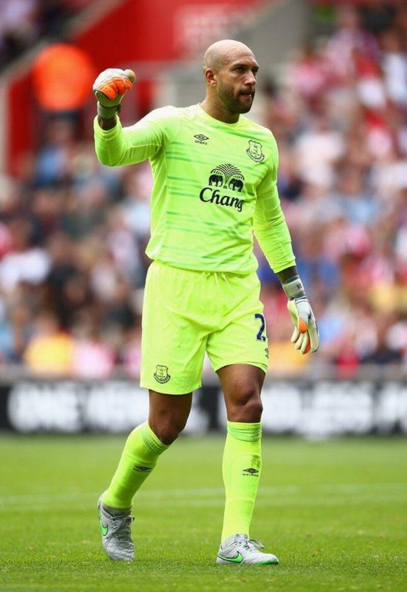 Tim Howard of Everton celebrates his team's first goal by Romelu Lukaku, unseen, during their Premier League win over Southampton on Saturday. Jordan Mansfield / Getty Images / August 15, 2015