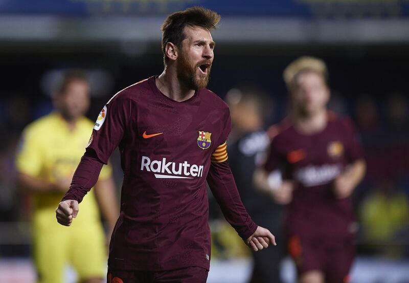 VILLARREAL, SPAIN - DECEMBER 10:  Lionel Messi of Barcelona celebrates scoring his team's second goal during the La Liga match between Villarreal and Barcelona at Estadio La Ceramica on December 10, 2017 in Villarreal, Spain.  (Photo by Fotopress/Getty Images)