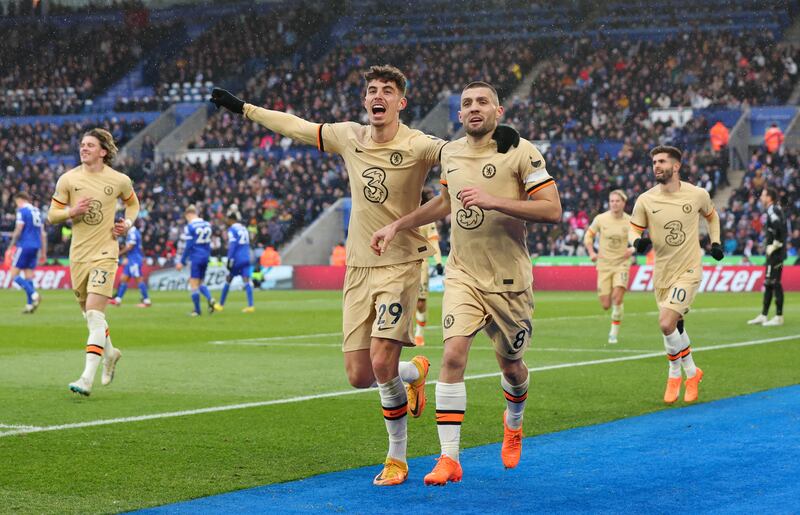  Mateo Kovacic (r) celebrates with Kai Havertz after scoring Chelsea's third goal in the 3-1 Premier League win against Leicester City at The King Power Stadium on March 11, 2023. Getty