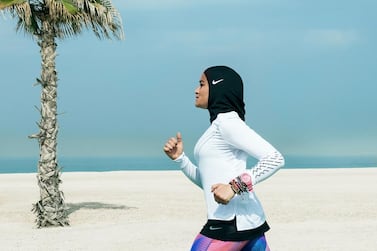 Manal Rostom, an Egyptian mountaineer, marathoner and Nike running coach, wears the Nike Pro Hijab. Courtesy of Nike