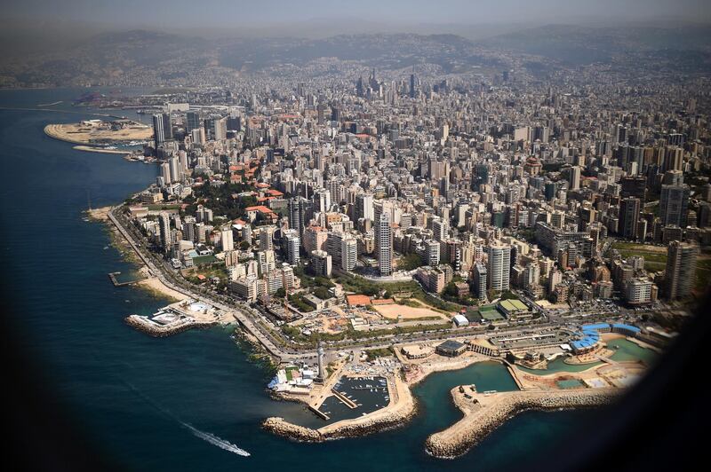 A photo taken on April 16, 2016 shows an aerial view of the Lebanese capital Beirut.  / AFP PHOTO / STEPHANE DE SAKUTIN