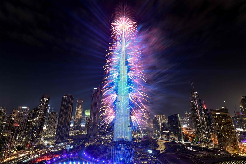 Fireworks light up the sky by the landmark Burj Khalifa skyscraper in Dubai. AFP