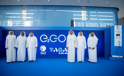 From left: Omar Al Hashmi, executive director of transmission and distribution at Taqa, Bader Al Lamki, Adnoc Distribution chief executive, Mohamed Al Suwaidi, chairman of Taqa, Dr Sultan Al Jaber, Minister of Industry and Advanced Technology and managing director and group chief executive of Adnoc, Jasim Thabet, group chief executive of Taqa and Khaled Salmeen, executive director of downstream industry and member of Adnoc Distribution at the launch of E2GO. Photo: Adnoc Distribution