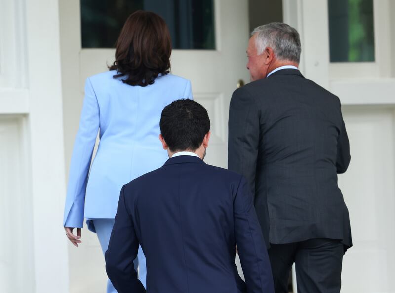 US  Vice President Kamala Harris welcomes Jordan's King Abdullah II at her residence at the  Naval Observatory in Washington.