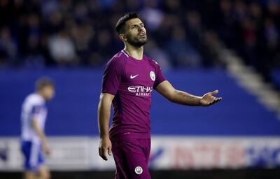 Soccer Football - FA Cup Fifth Round - Wigan Athletic vs Manchester City - DW Stadium, Wigan, Britain - February 19, 2018   Manchester City's Sergio Aguero reacts   Action Images via Reuters/Carl Recine